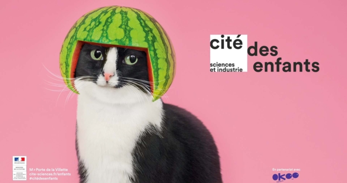 Visuel de l'exposition La cité des enfants à la Cité des sciences et de l'industrie, représentant un chat avec une pastèque sur la tête en guise de casque