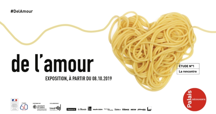 Visuel de l'exposition de l'amour à la Cité des sciences et de l'industrie représentant des pâtes formant un cœur