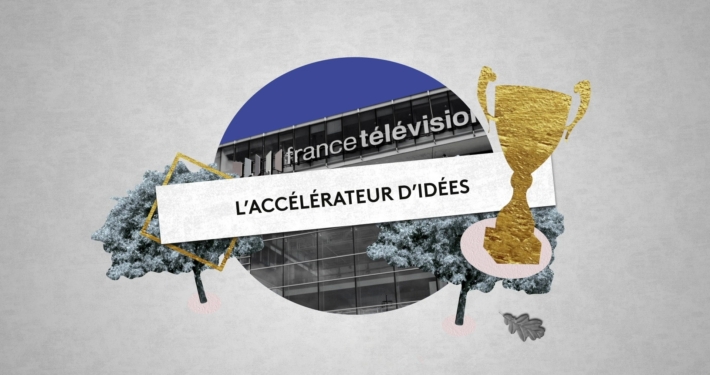 Photo collage du bâtiment de france télévisions avec une coupe pour présenter le programme de l'accélérateur d'idées