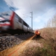 Photo d'un train roulant avec des techniciens de l'ONF en bord de voie