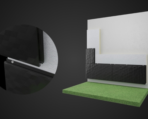 Vues 3D d'un système de fixation de plaques destinées à être installées sur les façades de bâtiments.