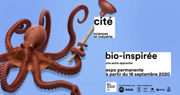 Visuel de l'exposition bio-inspirée à la Cité des sciences et de l'industrie représentant un poulpe tenant une ventouse dans une nageoire