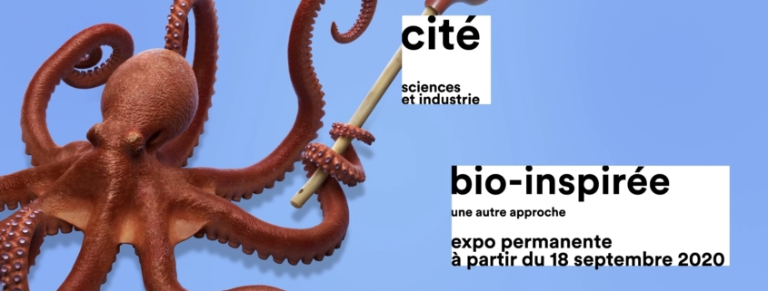 Visuel de l'exposition bio-inspirée à la Cité des sciences et de l'industrie représentant un poulpe tenant une ventouse dans une nageoire