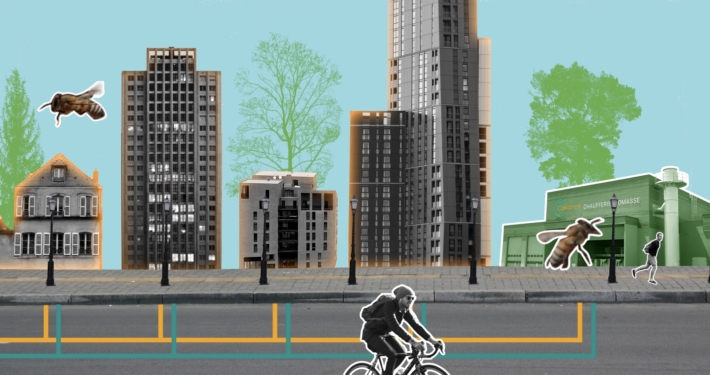 Photo collage de bâtiments et de personnes marchant et faisant du vélo et d'une chaufferie biomasse